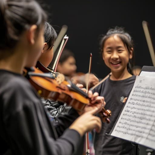 Young violinists laughing together during a practice session